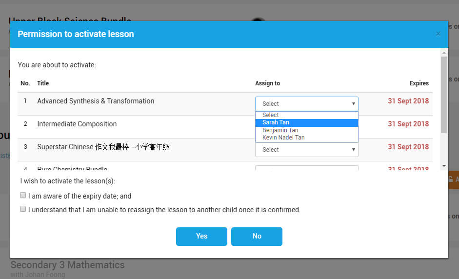 Head to the subscriptions page to activate and assign lessons to your child.